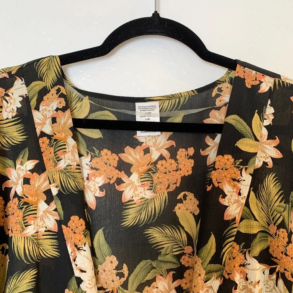 Black Floral Swimsuit Cover Up L/XL Robe Style Tie Front Georgette Tropical - Picture 2 of 11